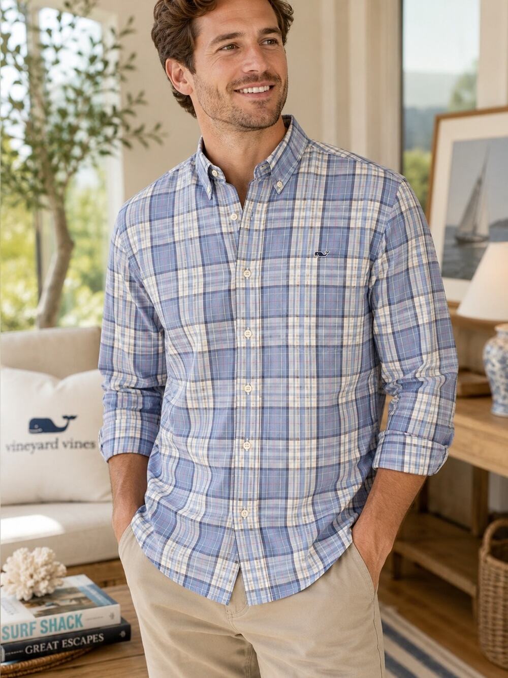 Vineyard Vines Men’s Slim Fit Whale Shirt Blue Plaid Button Down Size Medium